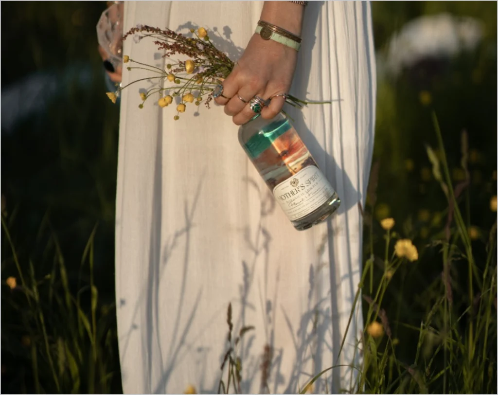 Mother's Spirit floral fusion botanical organic spirits bottle in nature